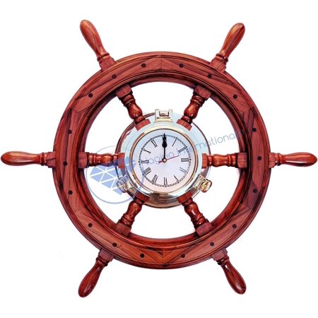 Nagina International Deluxe Teak Wood Premium Handcrafted Nautical Ship Wheel With Tarnish Resistant Ship's Brass Porthole Time's Clock | Lavish Elite Wall Decor | Monumental Corporate Gift