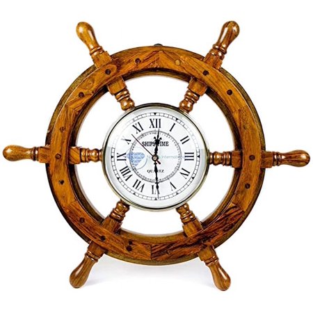 Nagina International Nautical Handcrafted Wooden Premium Wall Decor Wooden Clock Ship Wheels | Pirate's Accent | Maritime Decorative Time's Clock (42 Inches, Clock Size - 5 Inches)