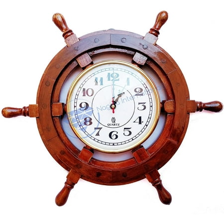 Nagina International Nautical Home Decor Wheel with 6 Quartz Clock Home Decor (18 Inches)