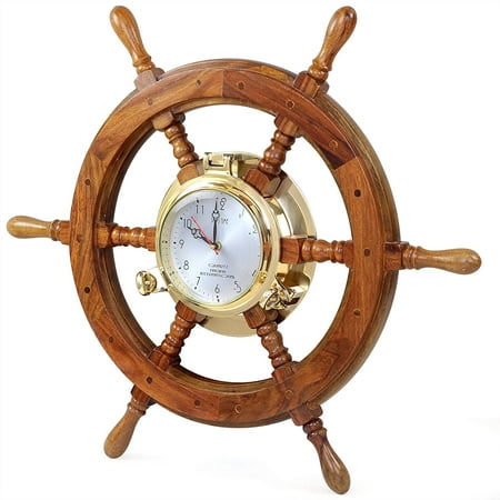 Nagina International Nautical Solid Wood Captain' Vintage Decor Ship Wheel with Time Clock - Captain Maritime Beach Home Decor Gift (42 Inches)