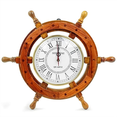 Nagina International Nautical Wooden Ship Wheel with Quartz Clock - Pirate Home Decor Wall Hanging Gifts (12 Inches)