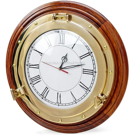 Nagina International Premium Nautical Porthole Brass Time's Clock On Solid Wood Base | Wall Decor | Pirates Maritime Gift (8 Inches)