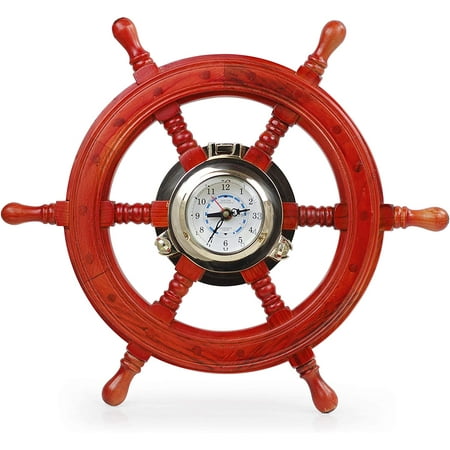 Nagina International Premium Pine Wood Deluxe Hand Crafted Pirate's Ship Wheel Porthole Time Tide Clock - Captain Maritime Beach Home Decor Gift (16 Inches)