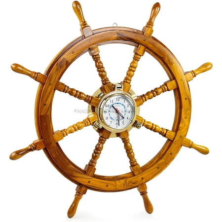 Nagina International Premium Red Pine Wood Nautical Captain's Ship Wheel with Pirate Brass Porthole Clock - Captain Maritime Beach Home Decor Gift (16 Inches)