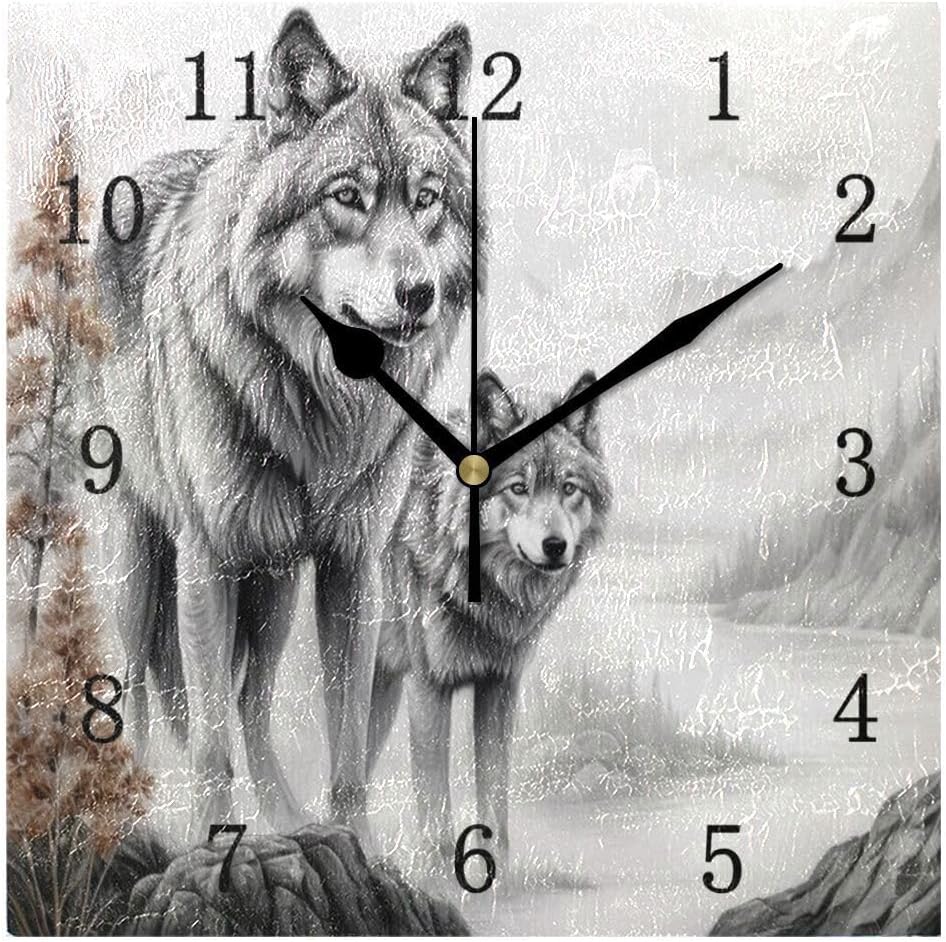 Nander 3D Wolf Square Wall Clock, 9.45 Inch Battery Operated Quartz Quiet Desk Clock for Home,Office,School