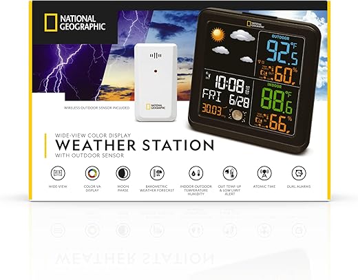 National Geographic Wide-View Color Display Indoor Outdoor Weather Station with Forecast Temperature Humidity Dual Alarms and Atomic Time Clock