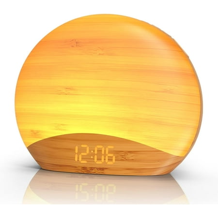 Natural Wood Grain Sound Machine Sunrise Alarm Clock，26 Nature Inspired Sleeping Sounds, 0-100% Dimmable Clock, Night Light,Brown/Pink/White Noise Sound Machine for Babys, Kids, Adults