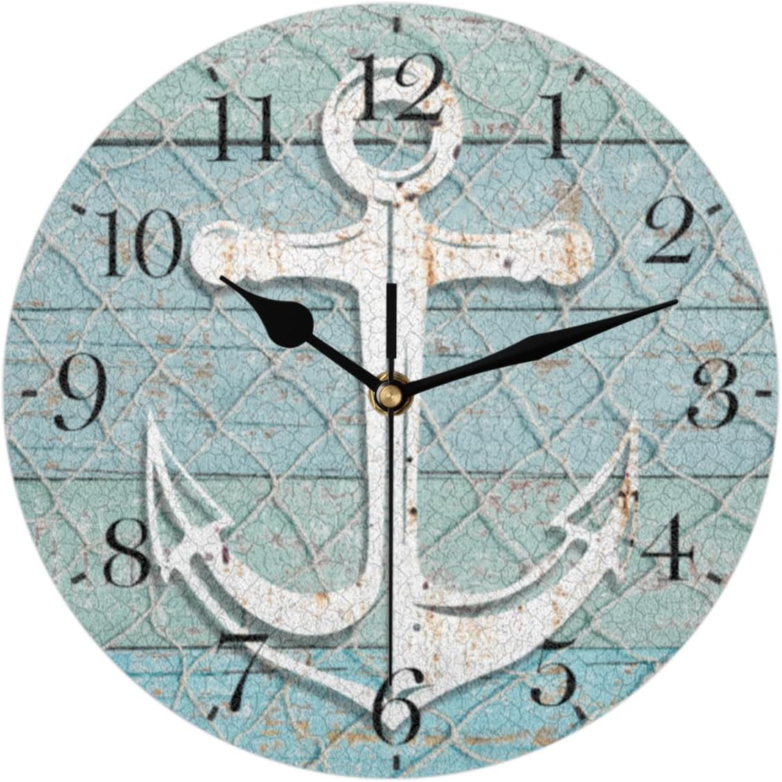 Nautical Anchor Wall Clock Silent Non-Ticking Beach Wooden Modern Clocks Battery Operated Analog Clock Decorative for Living Room Bedroom Kitchen Home Office Classroom