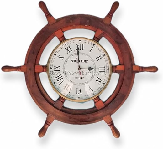 Nautical Beautifully Handcrafted Wooden Premium 12 Inches Wall Decor Wooden Clock Ship Wheels | Pirate's Accent | Maritime Decorative Time's Clock