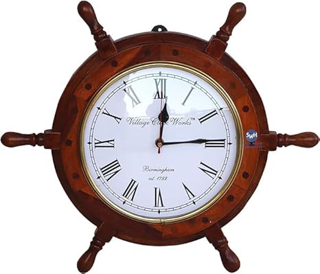 Nautical Beautifully Handcrafted Wooden Premium 15 Inches Wall Decor Wood Clock Ship Wheels | Pirate's Accent | Maritime Decorative Time's Clock (16 Inches), Natural, WWC - 109