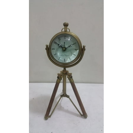 NAUTICAL MARITIME ~ ANTIQUE BRASS CLOCK WITH TRIPOD FINISH DESKTOP ~ TABLE CLOCK DECOR