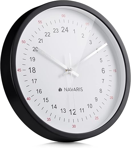 Navaris 24 Hour Wall Clock - 11.8" Analog Military Time Clock with Silent Movement Non-Ticking Hands - Battery Operated - Black Frame with White Face