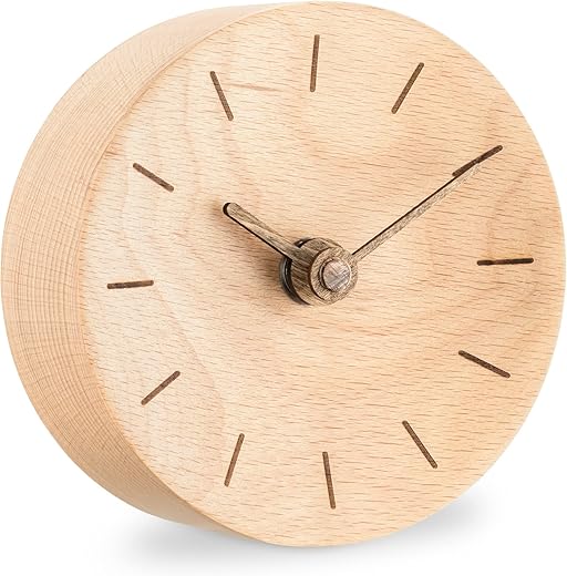 Navaris Small Modern Desk Clock - 4-3/8 Diameter Real Wood Analog Clock for Shelf, Table, Desktop - Silent Tick Battery Operated Clock - Light Brown