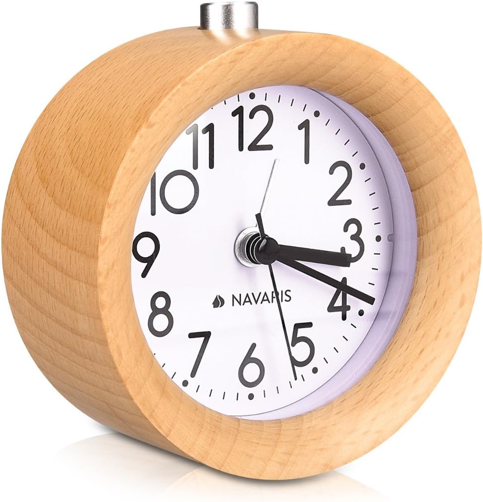 Navaris Wood Analog Alarm Clock - Round Battery-Operated Non-Ticking Clock with Snooze Button and Light - Light Brown