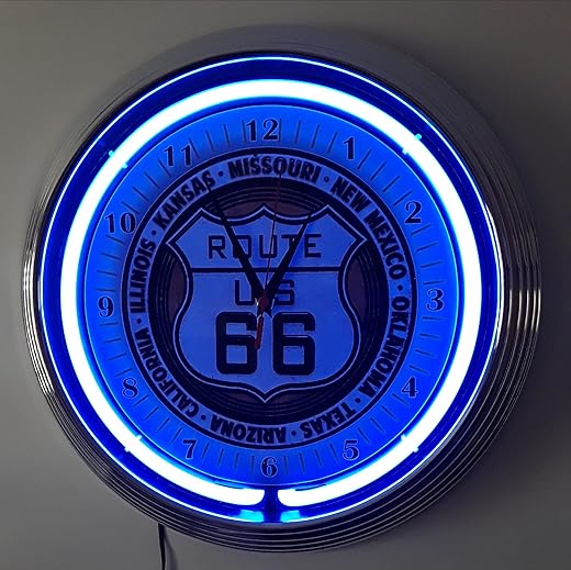 NEON Clock - Aged Route 66-8 States Sign - Garage WALLCLOCK Blue NEON Rim!