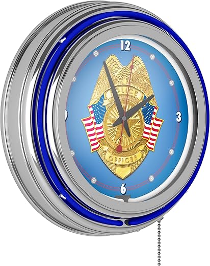 Neon Clock - Retro Police Officer Analog Wall Clock with Pull Chain - for Kitchen, Garage, Game Room, or Home Bar by Trademark Gameroom