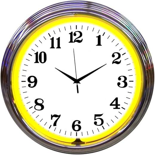 Neonetics Bar and Game Room Neon Alphanumeric Wall Clock with Yellow Neon and Chrome Rim, 15-Inch