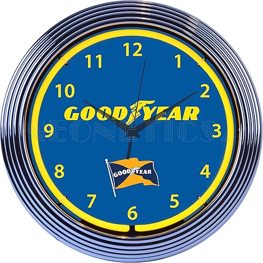 Neonetics Goodyear Tires Yellow Neon Wall Clock, 15-Inch, Chrome Finish Rim and Black Hands, Yellow Glass Tube - Officially Licensed Product - 8GYYLW