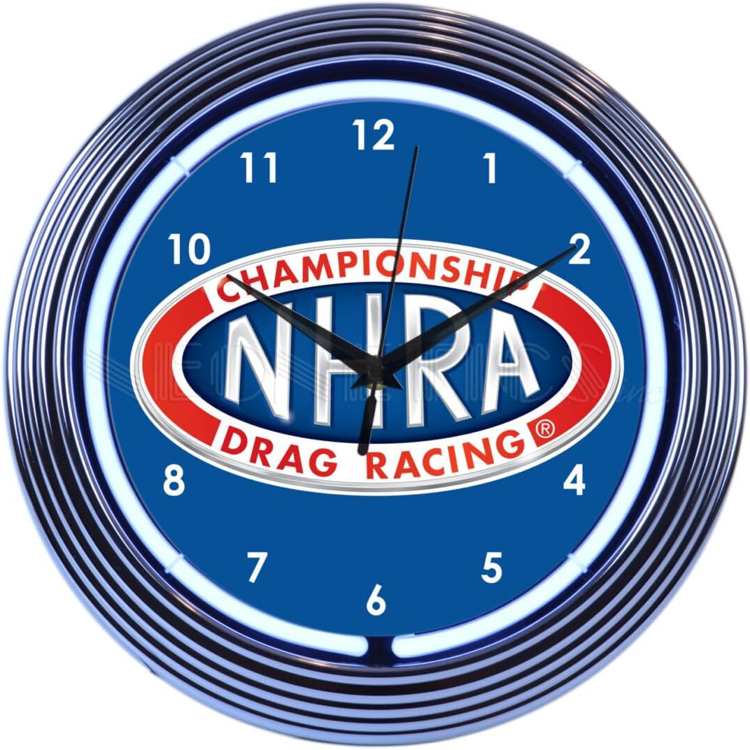 Neonetics NHRA National Hot Rod Association Neon Wall Clock, 15-Inch, Chrome Finish Rim and Black Hands, White Glass Tube - Officially Licensed Product - 8NHRAC