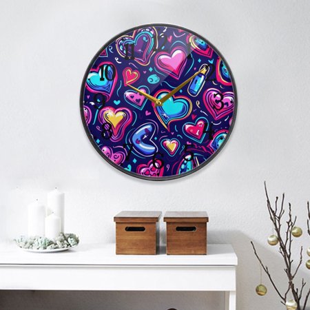 Neon Funny Cartoon Hearts Round Wall Clock 9.5 Inch Non-Ticking Silent Battery Operated Clock for Home Kitchen Office School Decor