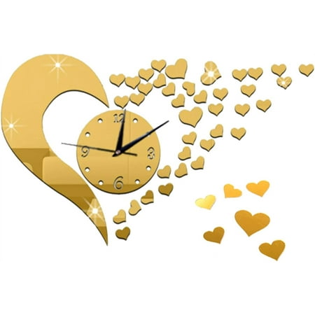 NeveLance Simple Heart Shaped Wall Clock DIY Heart Shaped Wall Clock for Home 3D Mirror Heart Shaped Wall Clock Three Dimensional Wall Stickers Golden