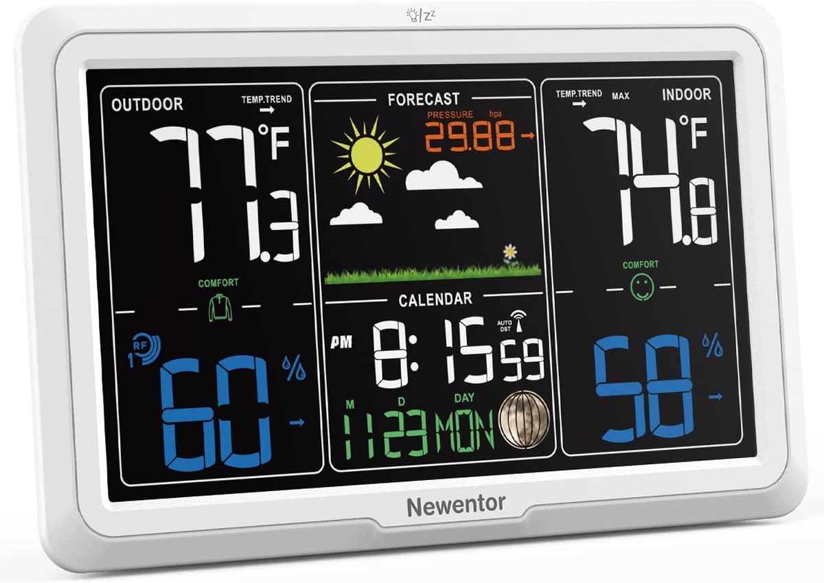 Newentor Weather Station Wireless Indoor Outdoor, 7.5in Display Atomic Clock, Inside Outside Thermometer and Hygrometer with Weather Alert, Barometer and Weather Forecast, Time and Calendar, White