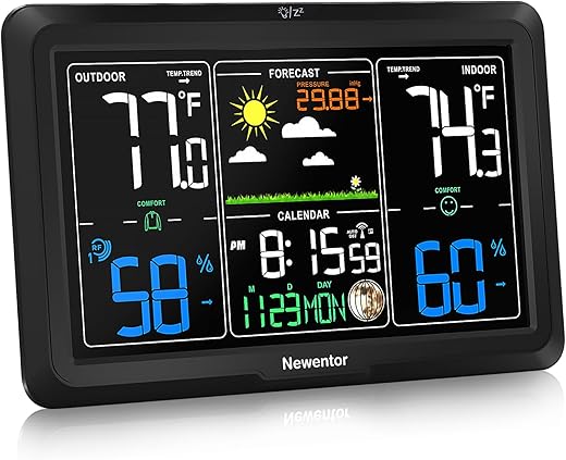 Newentor Weather Station Wireless Indoor Outdoor, Indoor Outdoor Thermometer Wireless, 7.5 Home Weather Stations with Atomic Clock, Temperature Humidity Gauge, Weather Forecast and Barometer, Black