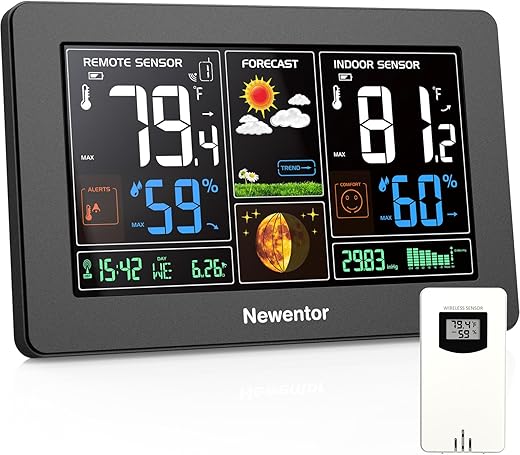 Newentor Weather Station Wireless Indoor Outdoor Thermometer, Color Display Digital Weather Thermometer with Atomic Clock, Barometric Pressure, Forecast Station with Adjustable Backlight, Black