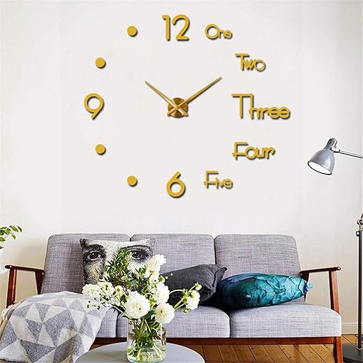 New Frameless DIY Wall Clock,3D Surface Mirror Wall Clock Modern Design Large Mute Wall Watches Stickers for Living Room Bedroom Home Decorations (Gold)