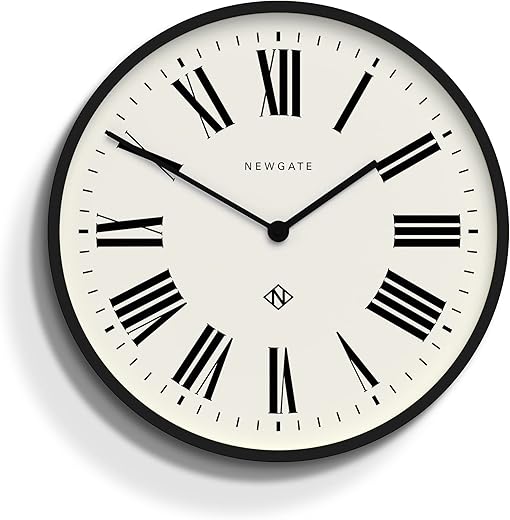 NEWGATE® Number Three Italian Wall Clock - Round Clock - Kitchen Clock - Clocks for Living Room - Office Clock - Contemporary Case - Roman Numeral Dial - Station Clock (Black)