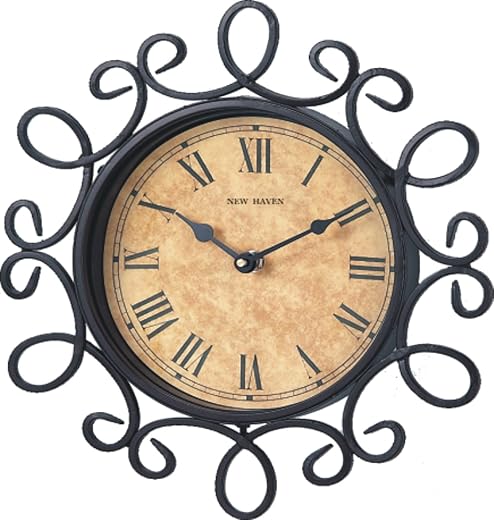 New Haven 1401 12-5/8 by 1-5/8-Inch Hand Forged Curly Wrought Iron Wall Clock, Antique Gold with Black