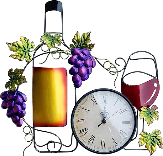 NewVees Metal Wine Wall Clock for Kitchen, Large 16 inch Wine Metal Wall Art Decor, Decorative Wall Clock with Wine Bottle Wine Glass Fake Grape, Battery Operated for Home Living Room Dining Room