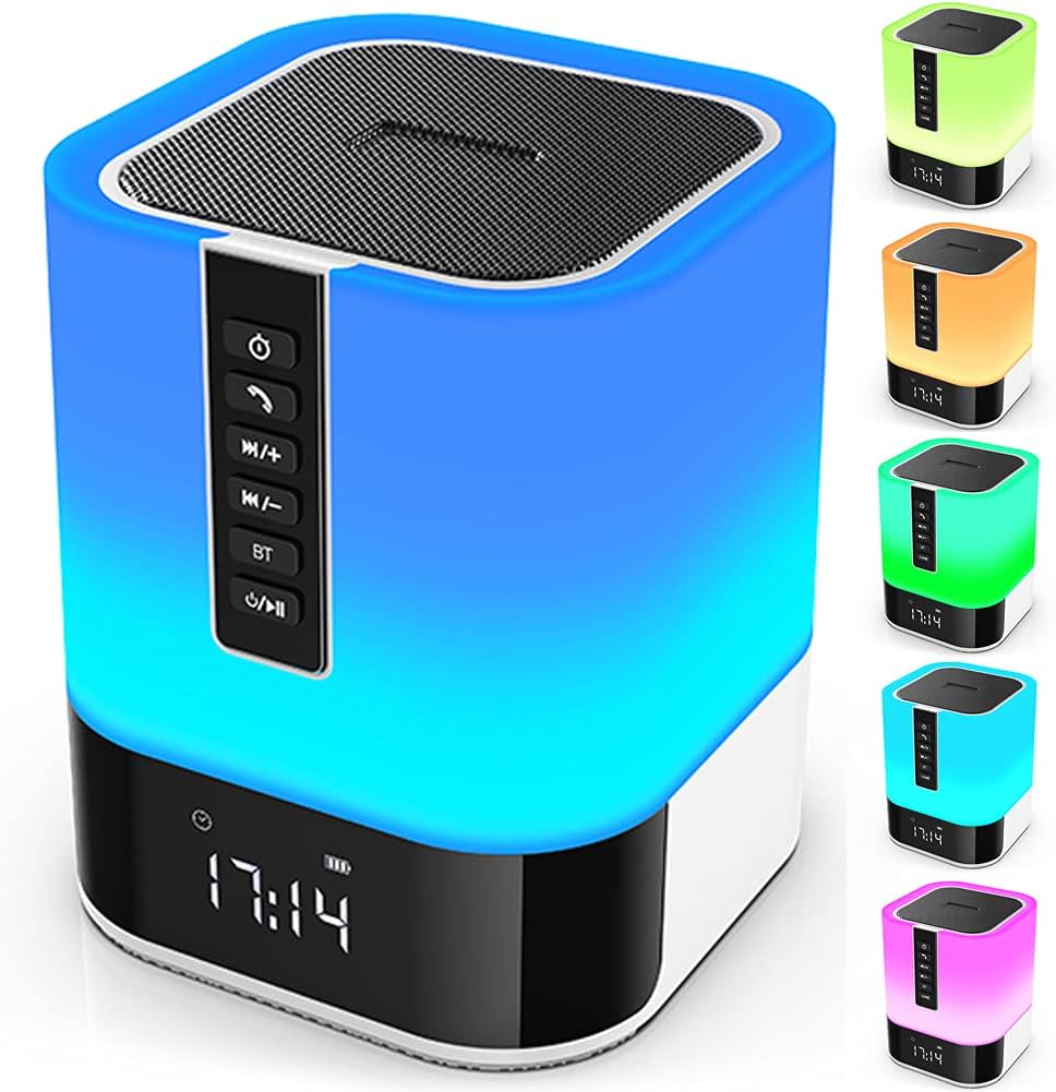 Night Light Bluetooth Speaker, 5 in 1 Touch Control Bedside Lamp Dimmable Multi-Color Changing, Bedroom Alarm Clock, Best Birthday Gift Ideas for 10 11 12 13 14 Year Old Teenage Girls/Boys