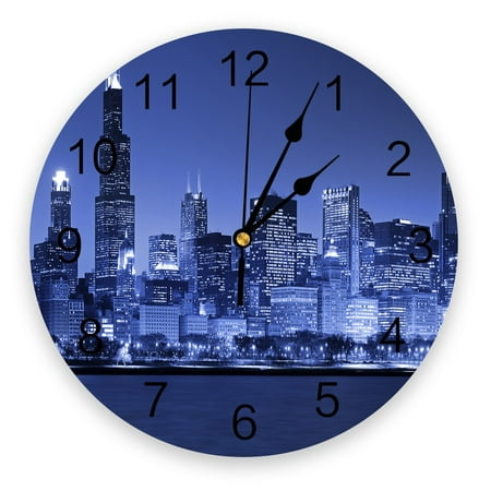 Night Panorama City Chicago Wall Clocks Home Decoration Silent Round Wall Watches for Home Living Room Kitchen Wall Decor