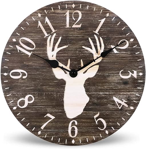 NIKKY HOME 12" Farmhouse Wood Antler Wall Clock Battery Operated Silent Non Ticking Rustic Outdoor Wooden Clock Cabin Deer Decor Home Decorative for Kitchen, Living Room, Bedroom, Office