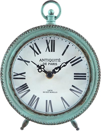 NIKKY HOME Antique Table Clock Silent Non-Ticking, Shelf Desk Top Clock Battery Operated Rustic Distressed Design, Shabby Chic Home Decor for Fireplace Mantel, Desktop, Countertop- Green