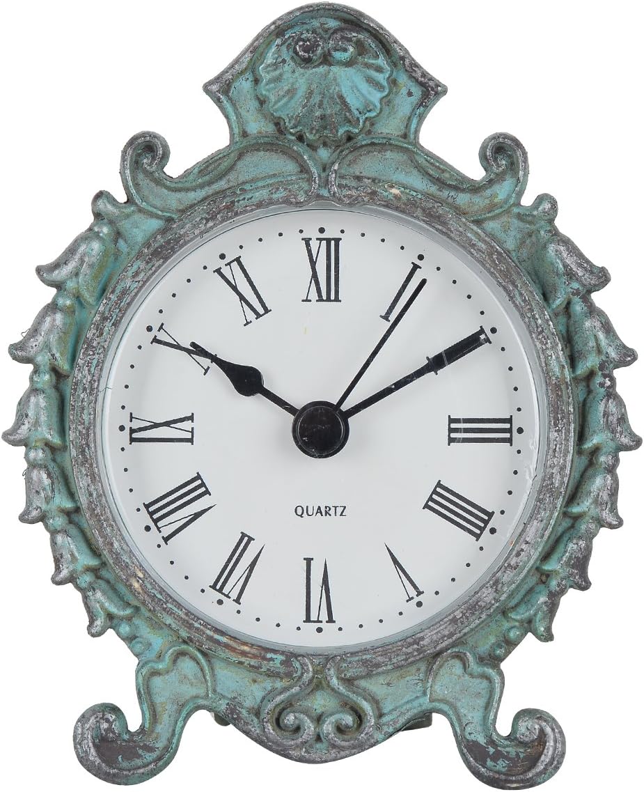 NIKKY HOME Baroque Style Pewter Quartz Small Round Table Clock with 3.12'' by 1.35'' by 3.87'', Dark Green