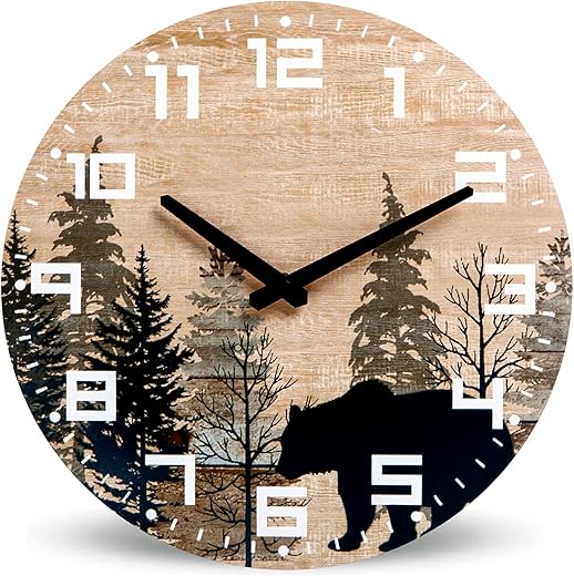 NIKKY HOME Cabin Bear Wall Clock Silent Non Ticking - 12 Inch Battery Operated Rustic Farmhouse Wooden Forest Wildlife Mountain Lodge Decor Art