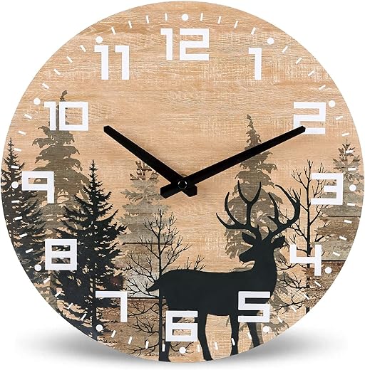 NIKKY HOME Cabin Wood Deer Elk Wall Clock Silent Non Ticking - 12 Inch Battery Operated Rustic Farmhouse Forest Wildlife Mountain Lodge Decor Art