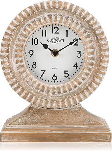 NIKKY HOME Hand Carved Wood Table Clock, Shelf Desk Top Clock Battery Operated Boho Design, Vintage Home Decor for Fireplace Mantel, Desktop, Countertop, Natural Wood Color