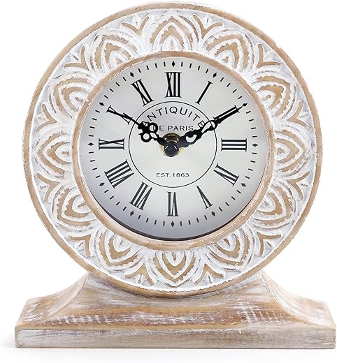 NIKKY HOME Hand Carved Wood Table Clock, Shelf Desk Top Clock Battery Operated Boho Design, Vintage Home Decor for Fireplace Mantel, Desktop, Countertop, Distressed White