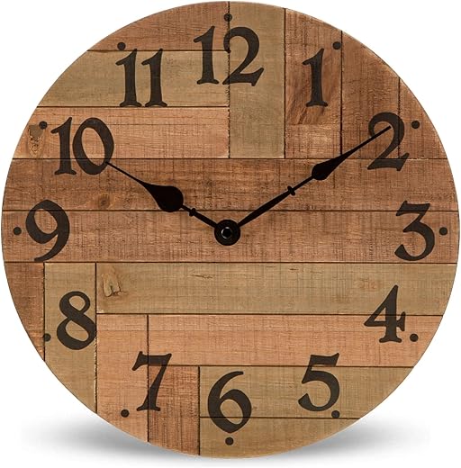 NIKKY HOME Rustic Farmhouse Solid Wood Wall Clock - 12 Inch Battery Operated Silent Non Ticking Distressed Wooden Shiplap Clock for Kitchen, Living Room, Bedroom, Office