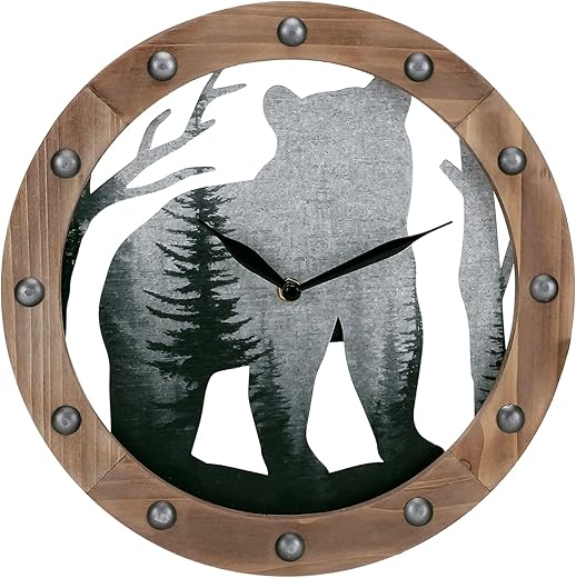 NIKKY HOME Wooden Bear Wall Clock, Silent Hollow Forest Bear Wall Hanging Clock for Home Cabin Farmhouse -12 inch