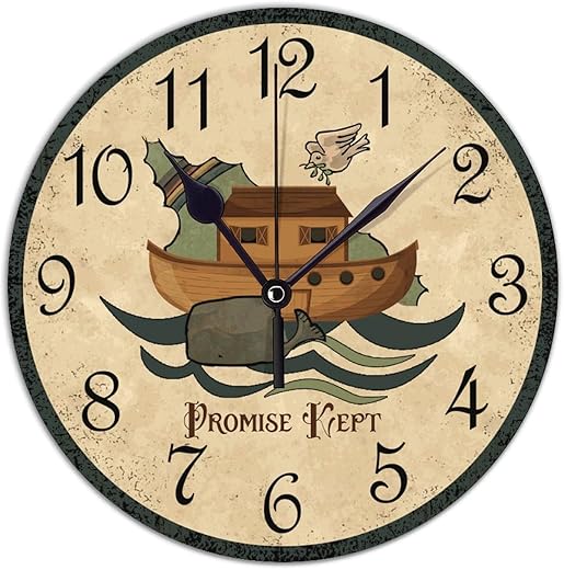 Noah's Ark Silent Movement Wall Clock Decorative for Kitchen, Office, Bathroom, Nursery, Wall Clock Battery Operated - 10 x 10 Noah's Ark Rustic Clock Gifts for Family