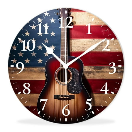 Non-Ticking Silent Wall Clocks with Quartz Movement,Battery Operated Analog Clock Modern Decor Clock for Home-A Classical Guitar Placed on the Stars and Stripes(16inch)