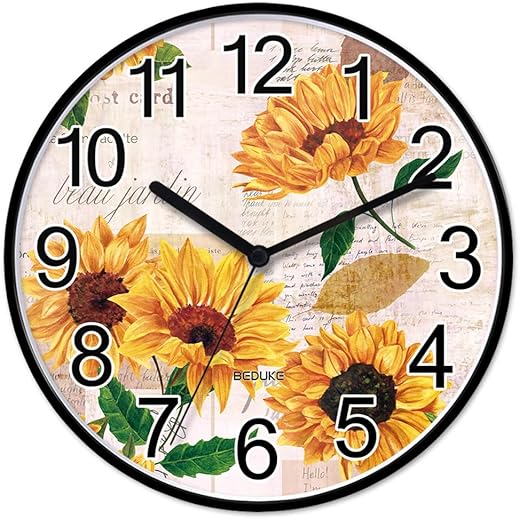 Non Ticking Wall Clock Silent Quartz Retro Sunflowers Large Number Classroom Bedroom Living Room Office Gym Kitchen Bathroom Patio Decor Battery Operated Decorative Clocks 11 Inch Wallclock