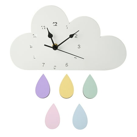 Nordic Wooden Cloud Raindrop Shaped Wall Clock Nursery Kids Room Decoration