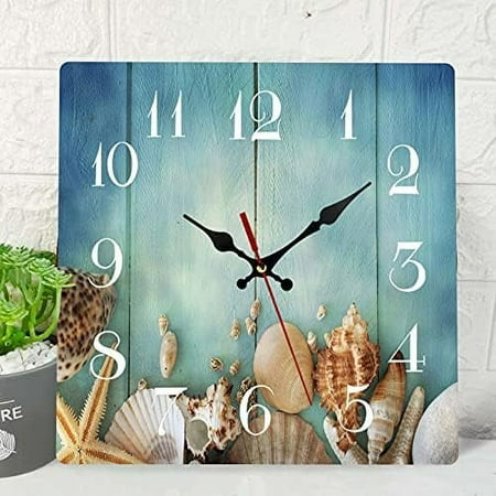 Ocean Wooden Wall Clock Silent Non-Ticking Summer Sea Shell Wood Blue Beach Vintage Square Rustic Coastal Wall Clock Decor for Home Kitchen Living Room Office Battery Operated (12 Inch)