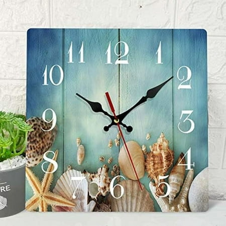 Ocean Wooden Wall Clock Silent Non-Ticking Summer Sea Shell Wood Blue Beach Vintage Square Rustic Coastal Wall Clock Decor for Home Kitchen Living Room Office Battery Operated (12 Inch)