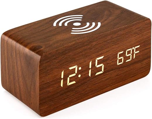 OCT17 Alarm Clock with Qi Wireless Charging Pad Compatible with iPhone Samsung Wood LED Digital Clock Sound Control Function, Time Date, Temperature Display for Bedroom Office Home- Brown